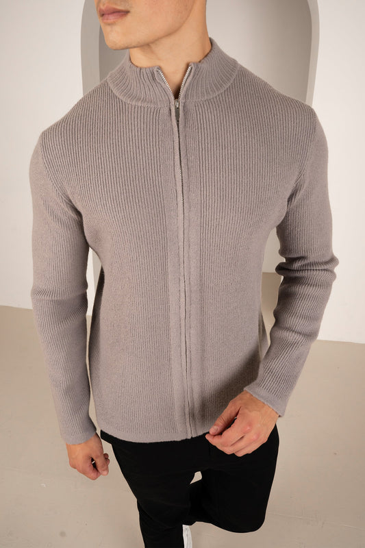 Ribbed Zip-Up Cardigan - Grey