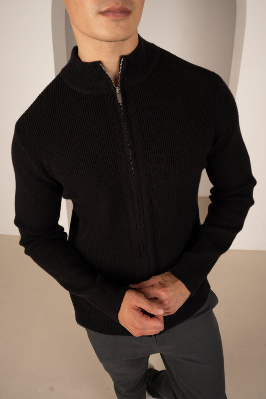 Ribbed Zip-Up Cardigan - Black