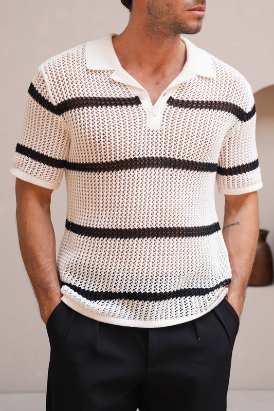 Knitted Stripe Revere Polo - Off White