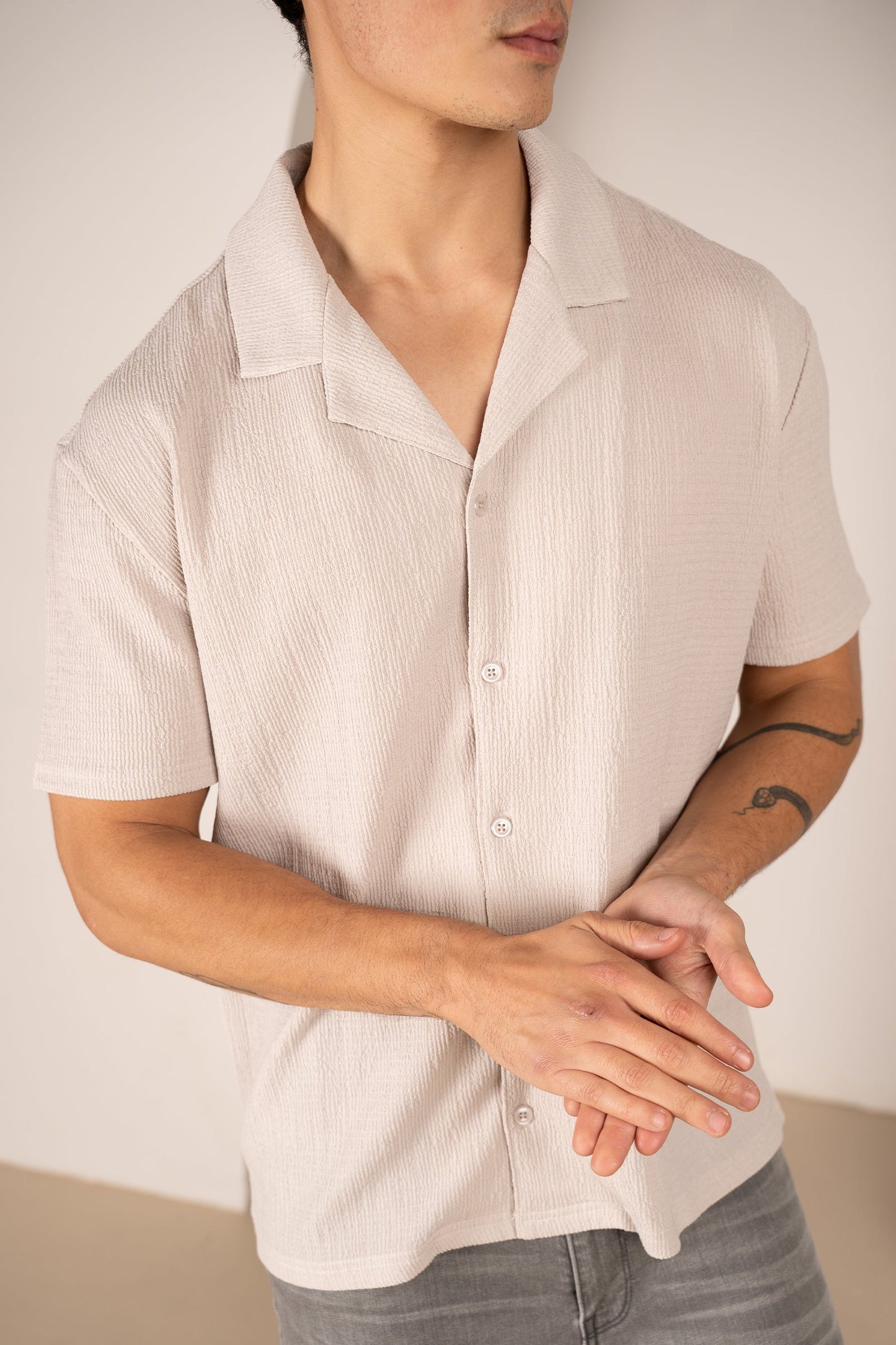 Seersucker Revere Collar Shirt - Grey