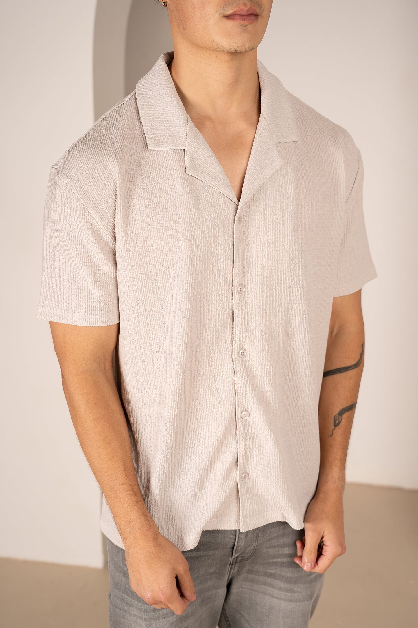 Seersucker Revere Collar Shirt - Grey