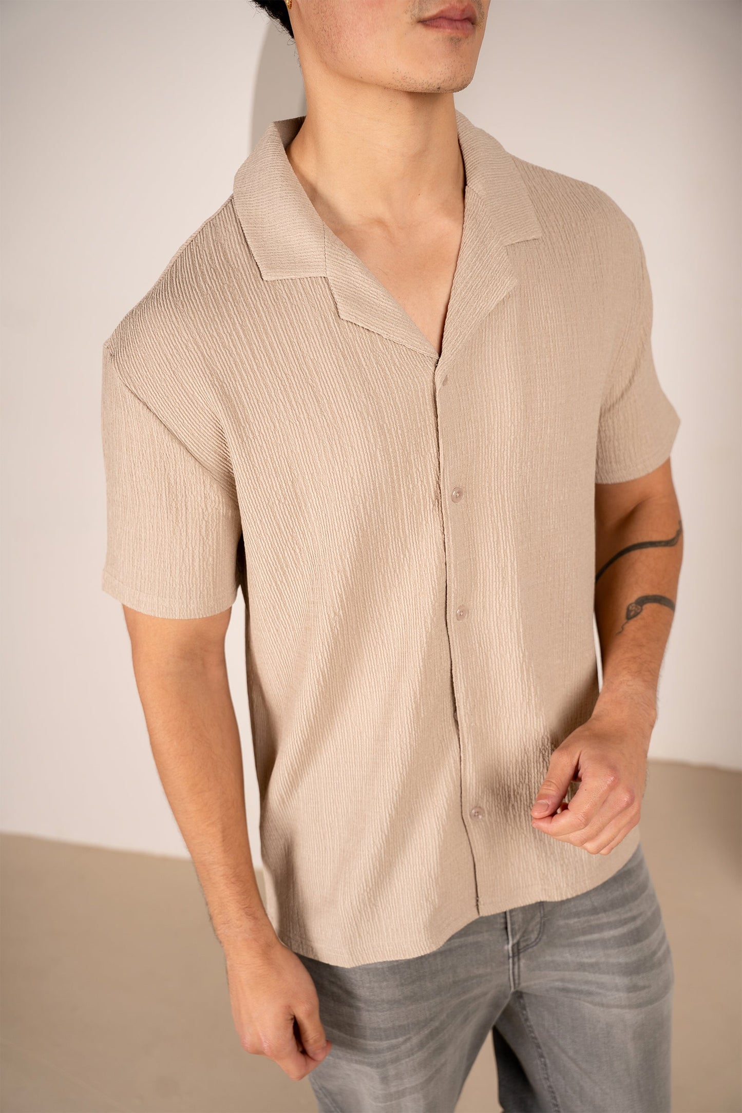 Seersucker Revere Collar Shirt - Taupe